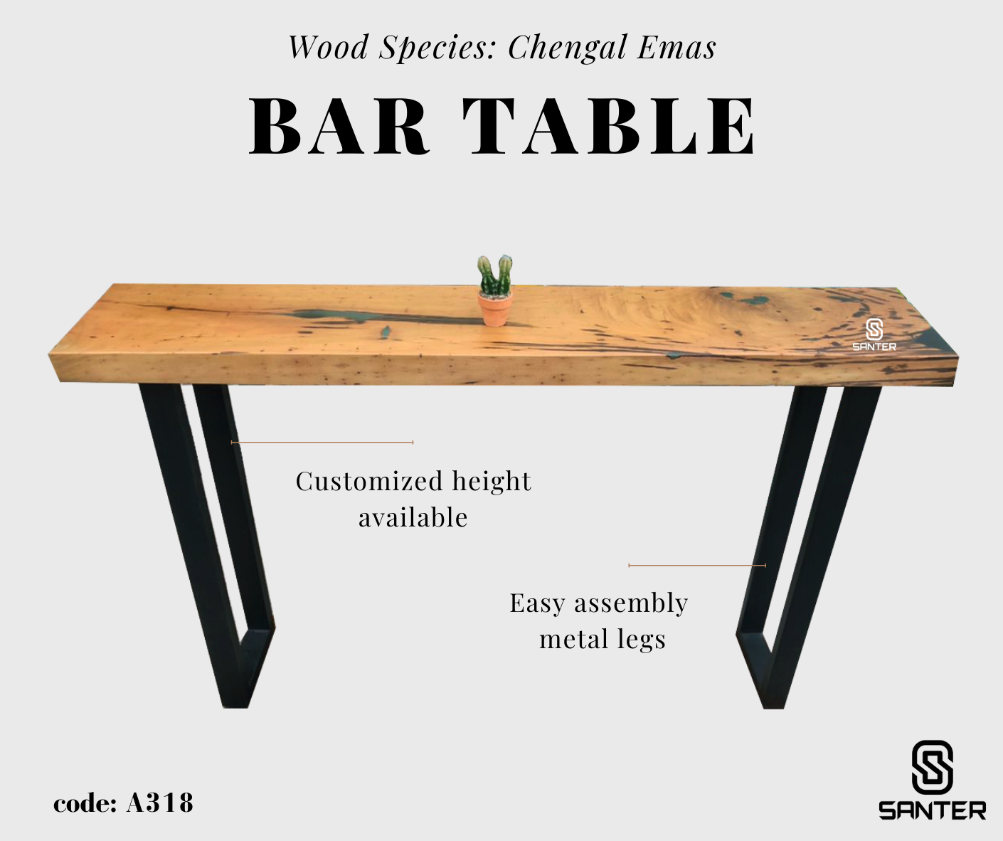 A318. Chengal Emas Solid Wood Bar Table / Console Table