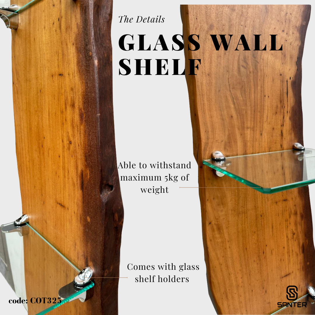 COT325. Chengal Emas Solid Wood Hanging Glass Wall Shelf
