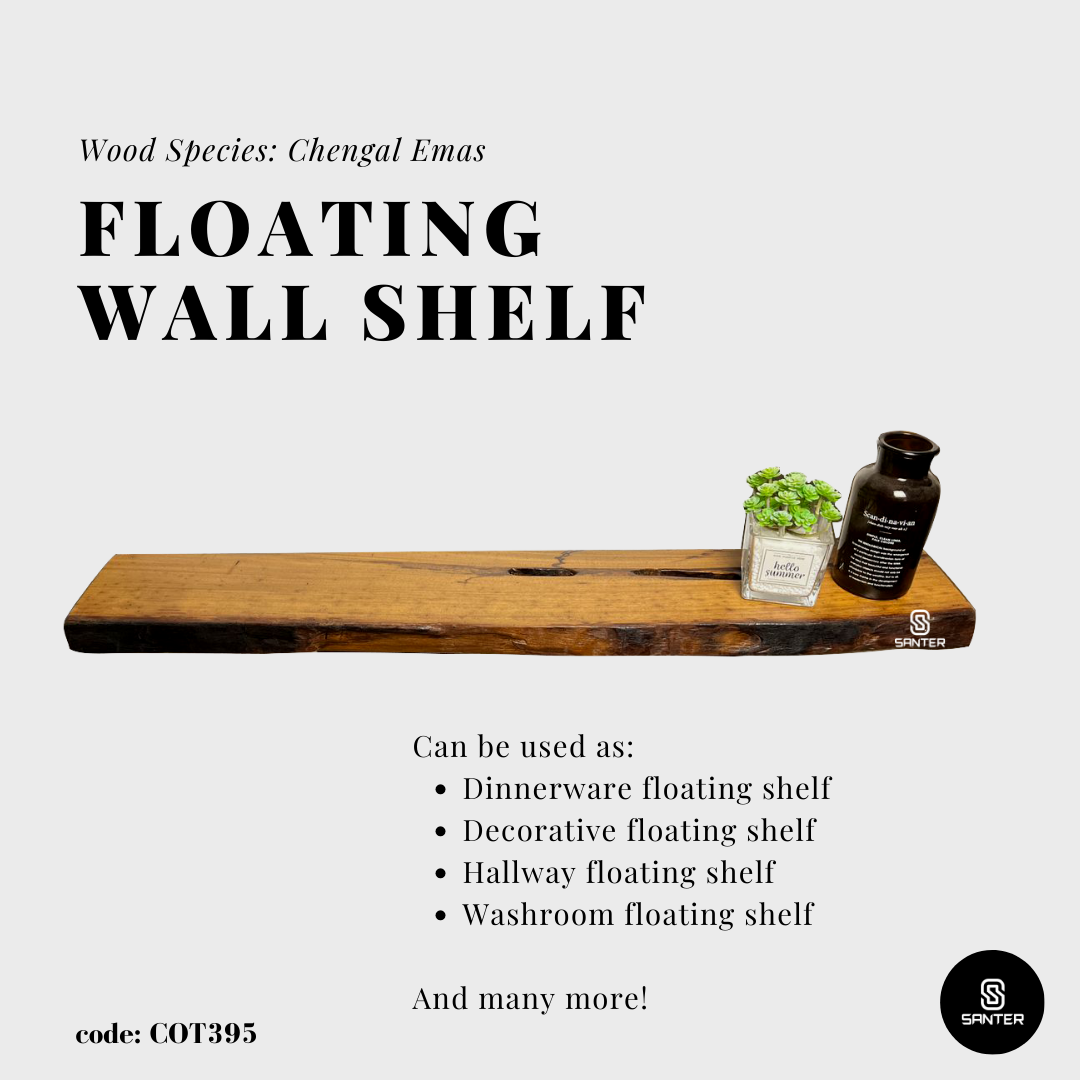COT395. Chengal Emas Solid Wood Live Edge Floating Wall Shelf