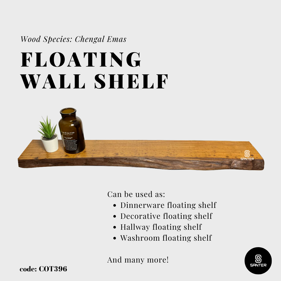 COT396. Chengal Emas Solid Wood Live Edge Floating Wall Shelf