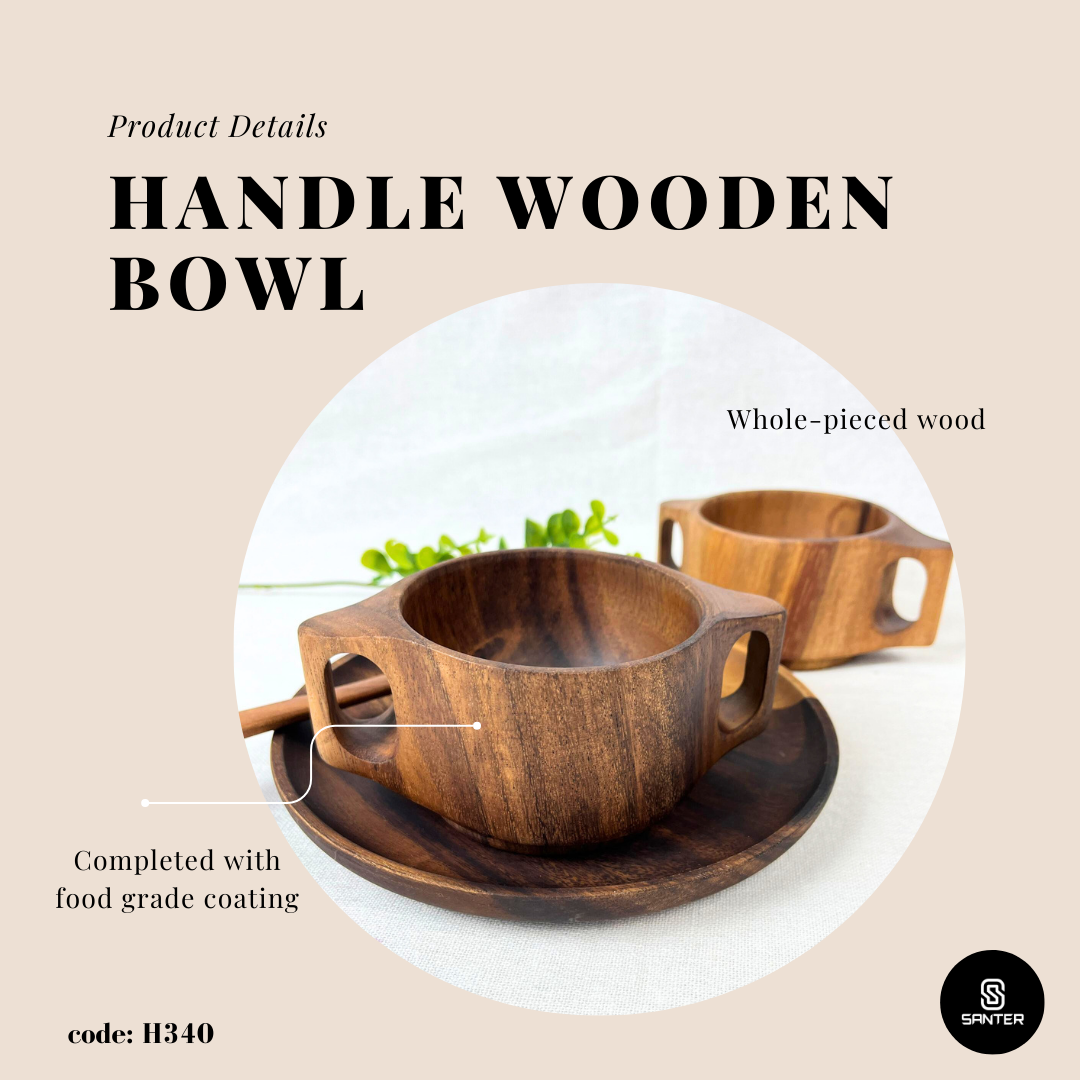 H340. Acacia Wood Handle Bowl / Porridge Bowl / Soup Bowl / Wooden Bowl / Baby Feeding Bowl