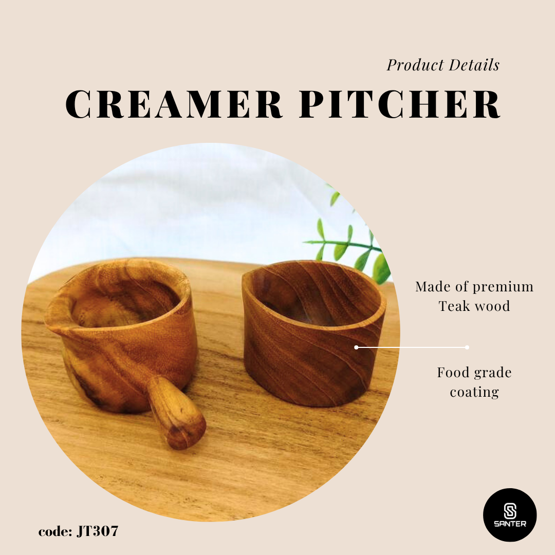 JT307. Teak Wood Wooden Pitcher / Milk Pitcher / Creamer Cup / Pitcher Pourer / Milk Cream Cup / Saucer Jug