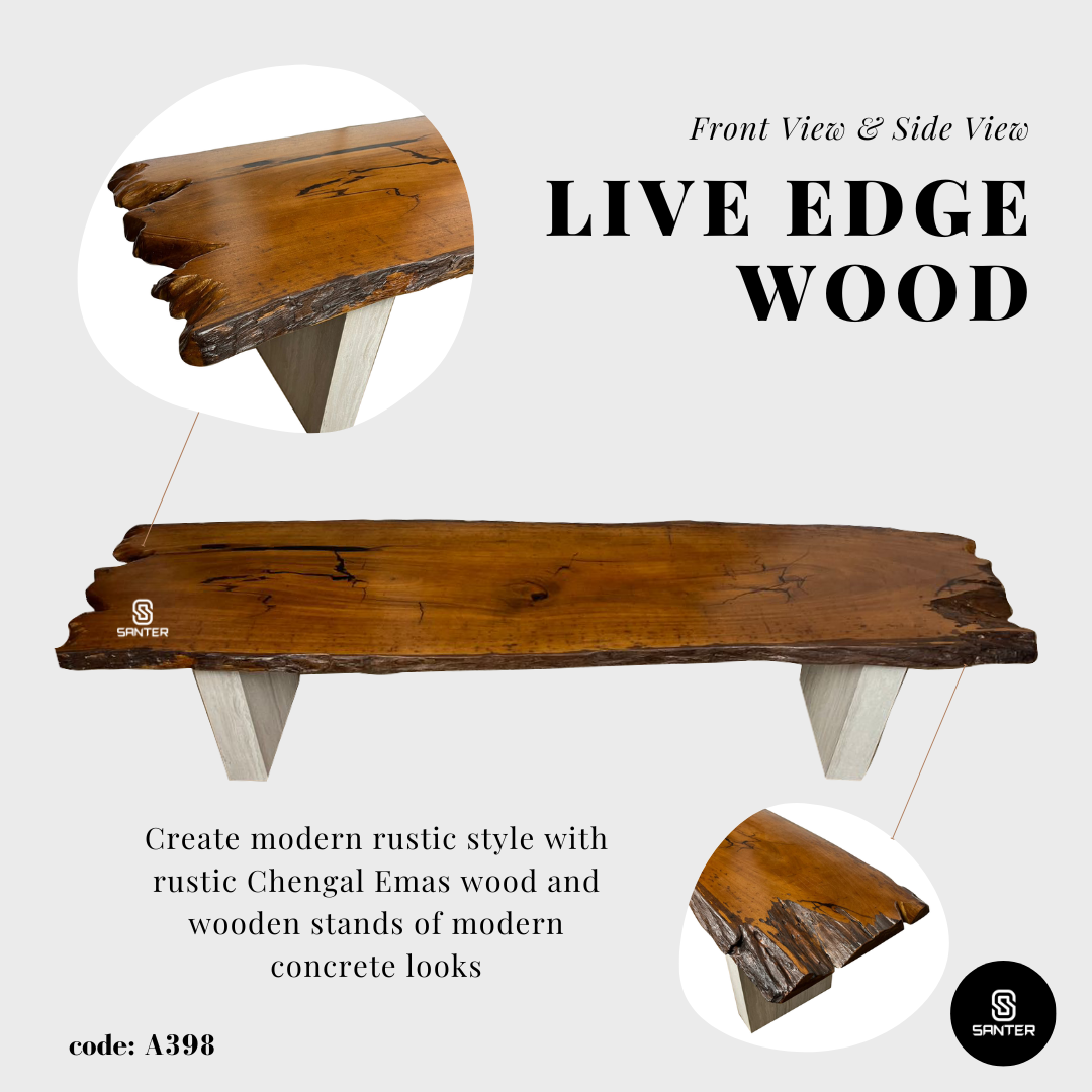A398. Chengal Emas Modern Rustic Wooden Bench (with concrete look stands)