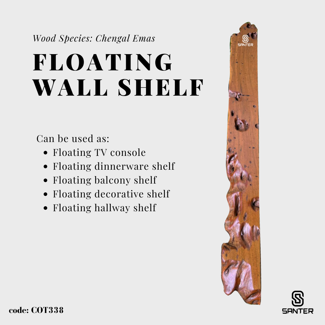 COT338. Chengal Emas Solid Wood Live Edge Floating Wall Shelf