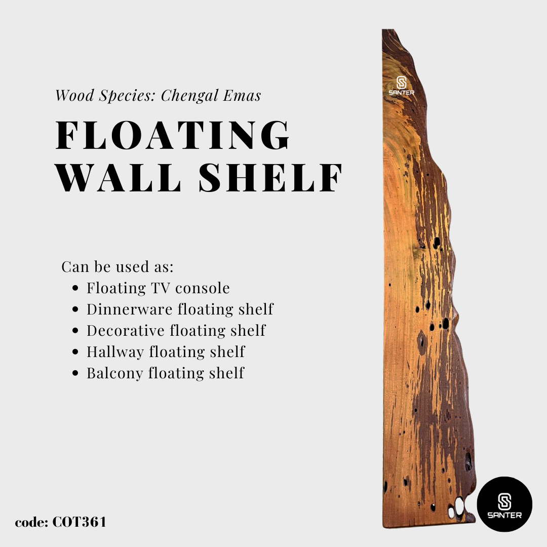 COT361. Chengal Emas Solid Wood Live Edge Floating Wall Shelf