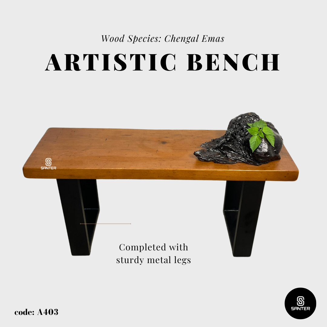 A403. Chengal Emas Solid Wood Rustic Bench with Wood Burl / Shoe Bench