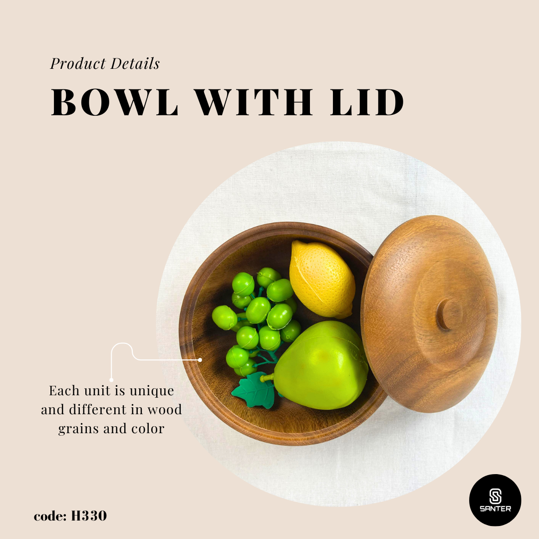 H330. Acacia Wood Bowl with Lid / Wooden Bowl / Wooden Food Container