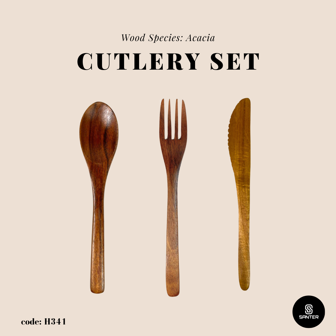 H341. Acacia Wood Cutlery Set / Wooden Spoon / Wooden Fork / Wooden Knife / Wooden Cutlery