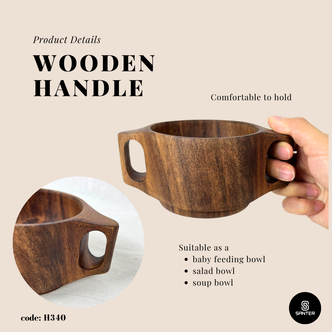 H340. Acacia Wood Handle Bowl / Porridge Bowl / Soup Bowl / Wooden Bowl / Baby Feeding Bowl