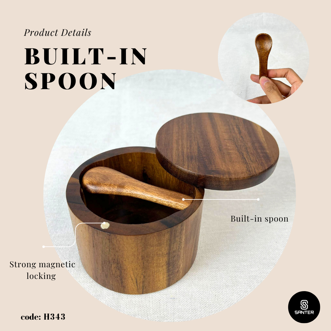 H343. Acacia Wood Salt & Seasoning Box with Lid / Spice Box / Seasoning Holder / Condiment Box