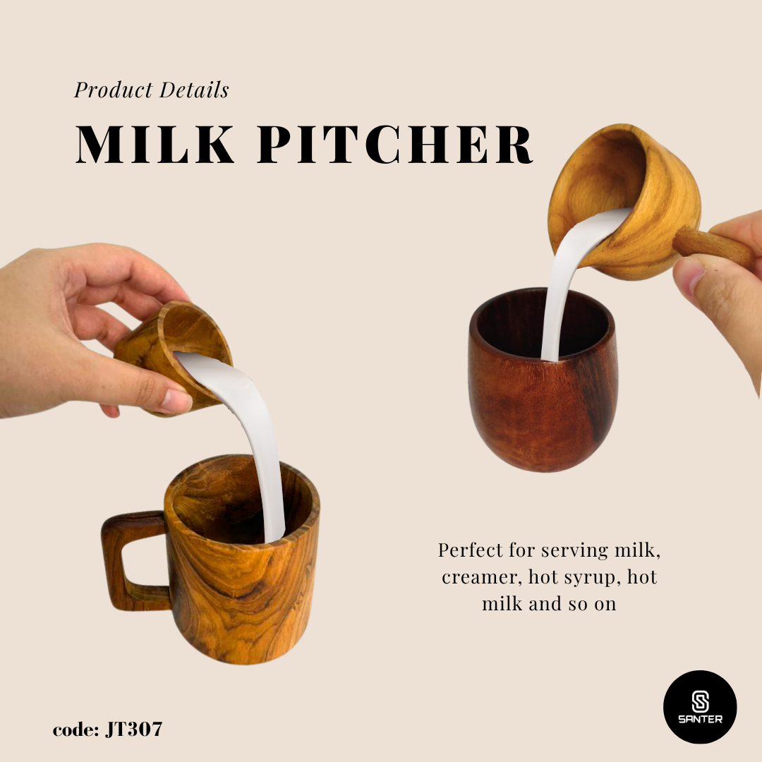 JT307. Teak Wood Wooden Pitcher / Milk Pitcher / Creamer Cup / Pitcher Pourer / Milk Cream Cup / Saucer Jug