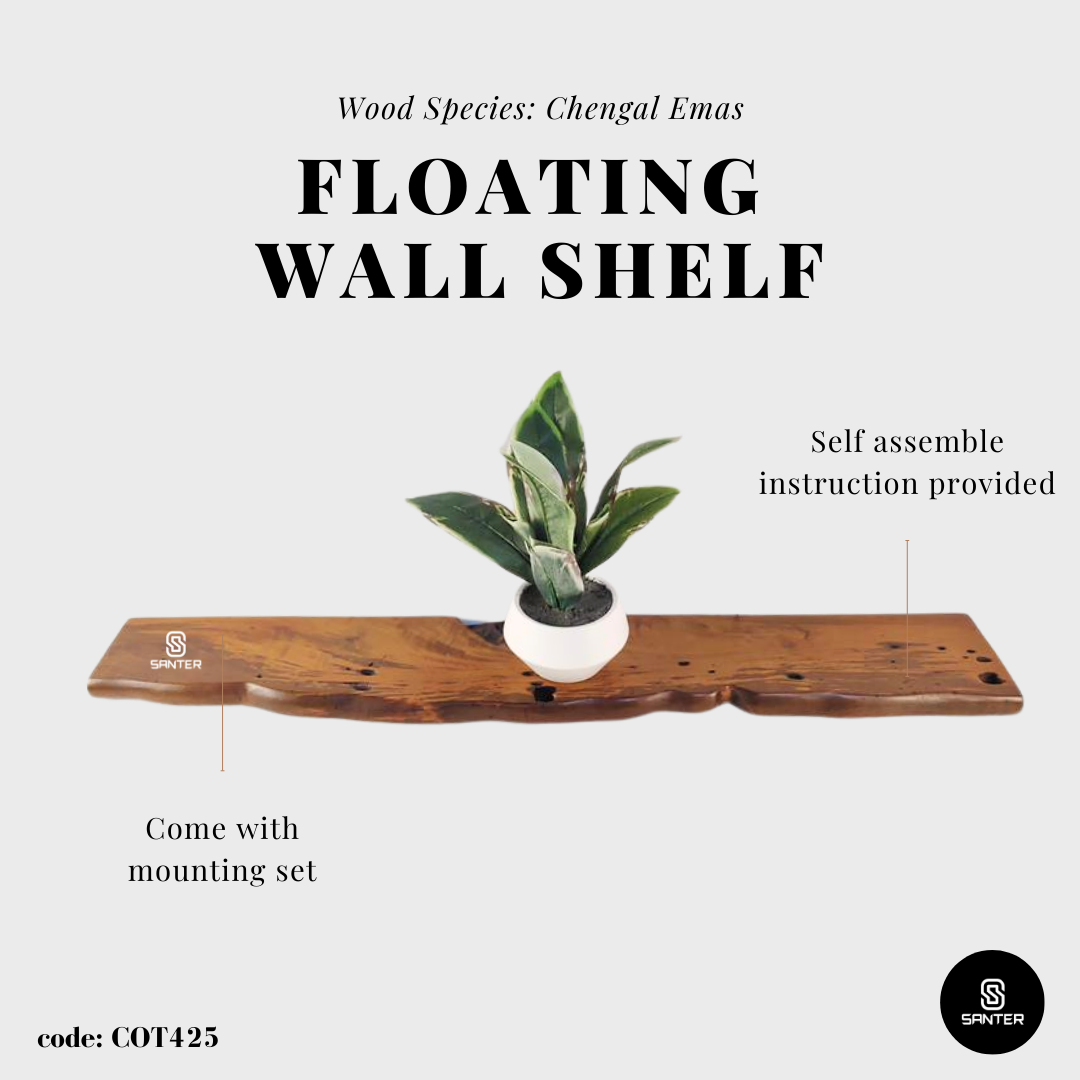 COT425. Chengal Emas Solid Wood Rustic Live Edge Floating Wall Shelf / Hanging Wall Shelf