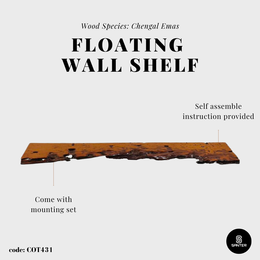 COT431. Chengal Emas Solid Wood Rustic Live Edge Floating Wall Shelf / Hanging Wall Shelf