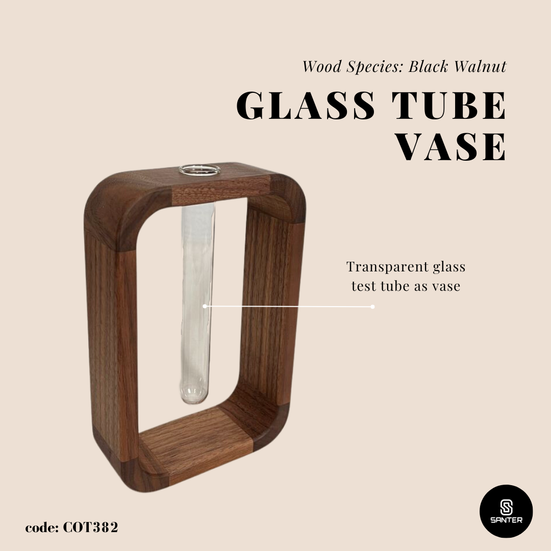 COT382. Black Walnut Solid Wood with Glass Test Tube Vase