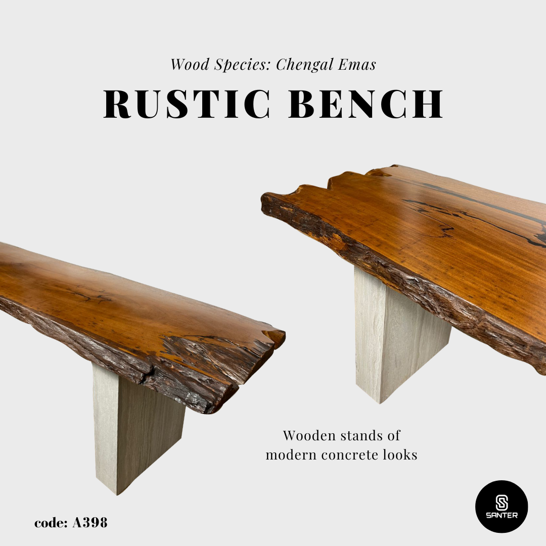A398. Chengal Emas Modern Rustic Wooden Bench (with concrete look stands)