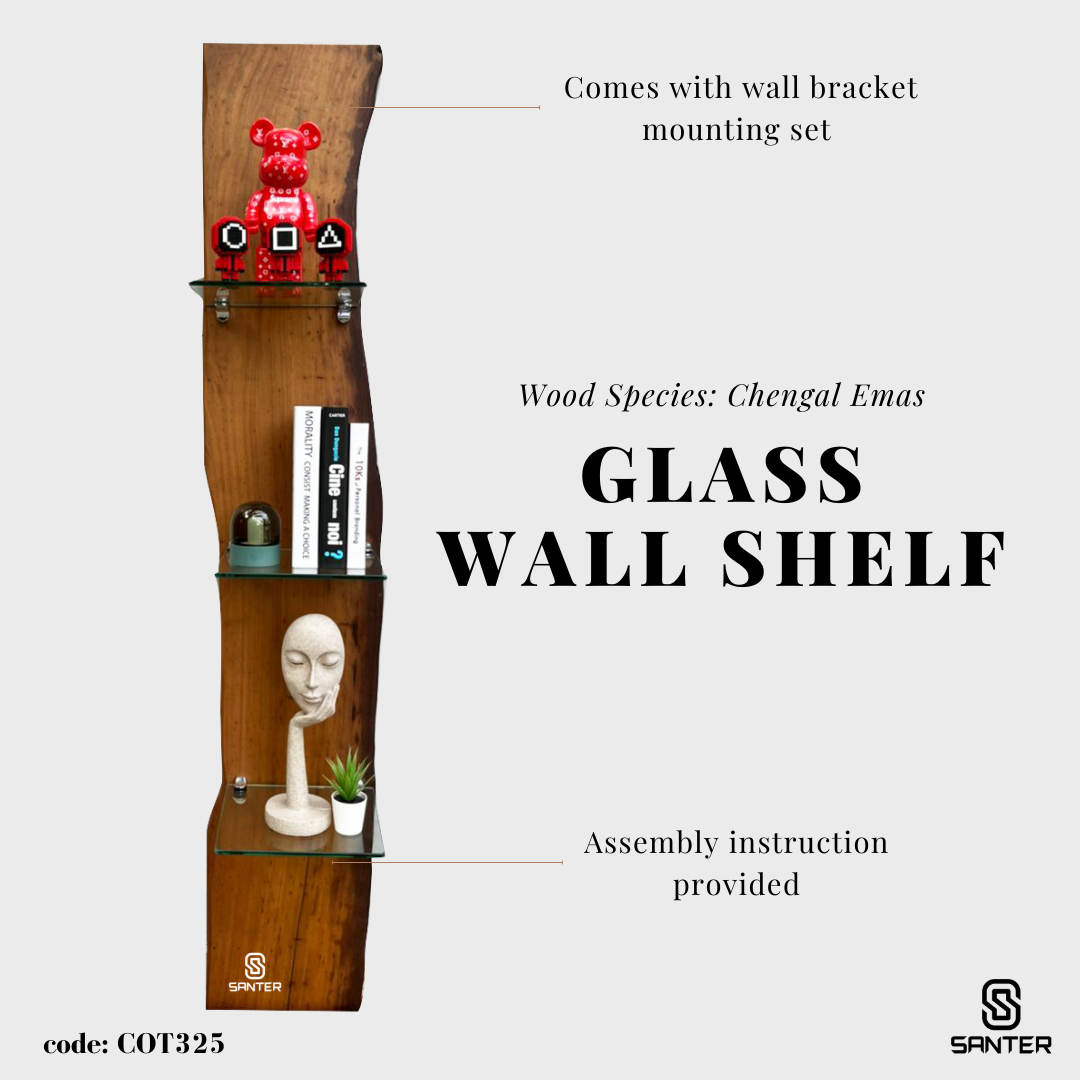 COT325. Chengal Emas Solid Wood Hanging Glass Wall Shelf