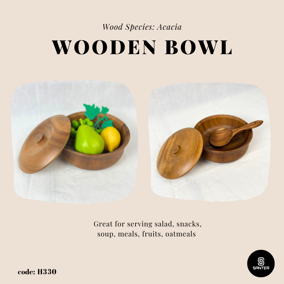 H330. Acacia Wood Bowl with Lid / Wooden Bowl / Wooden Food Container