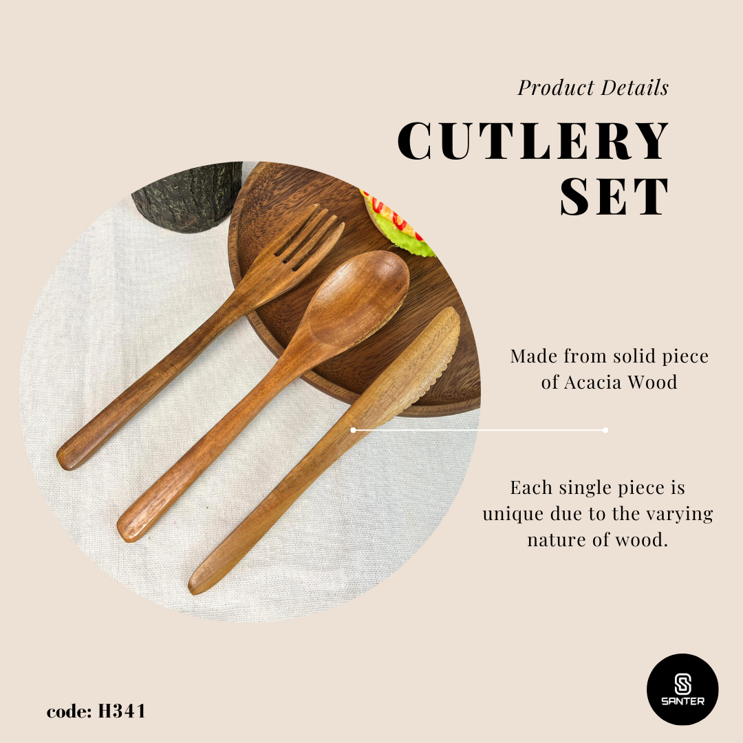 H341. Acacia Wood Cutlery Set / Wooden Spoon / Wooden Fork / Wooden Knife / Wooden Cutlery