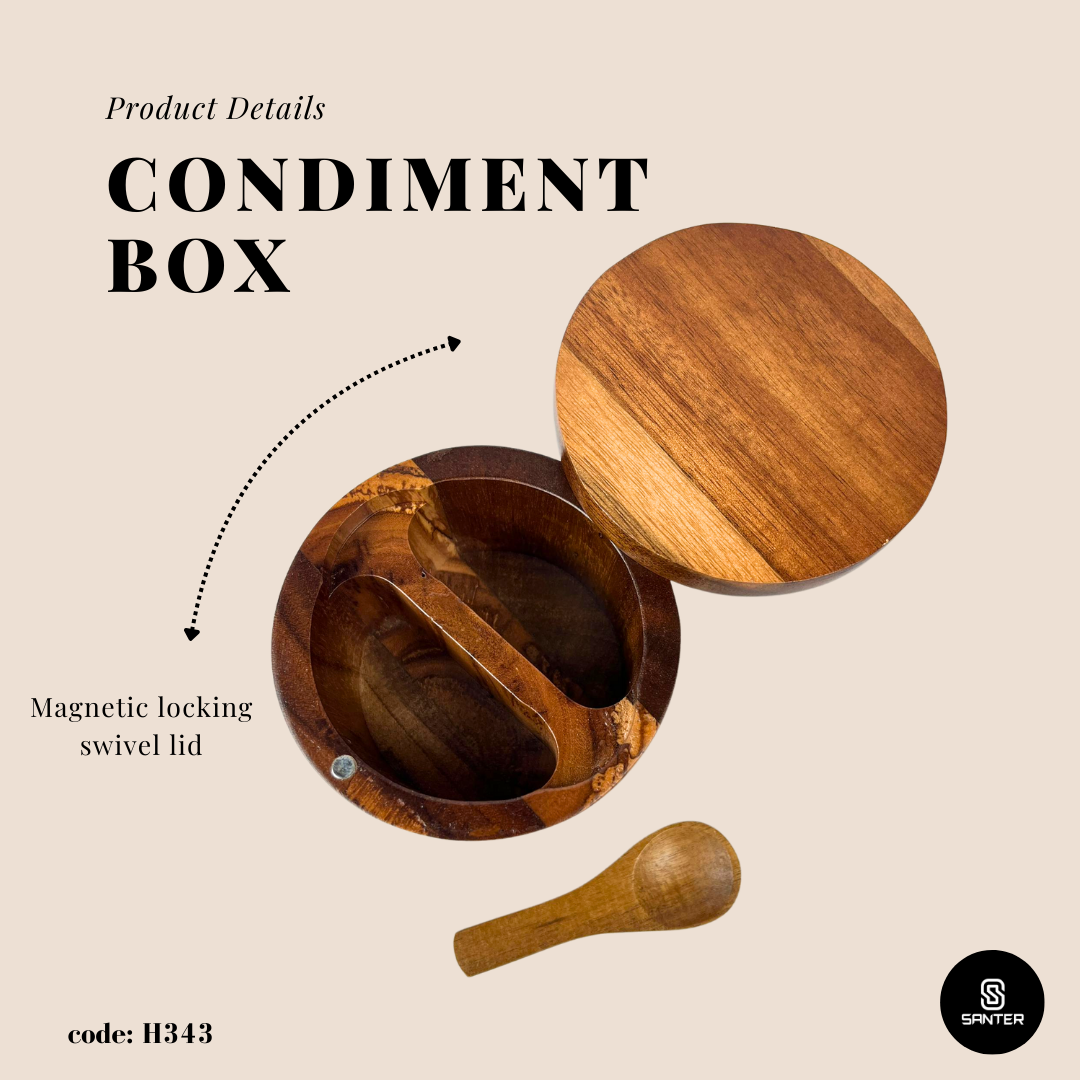 H343. Acacia Wood Salt & Seasoning Box with Lid / Spice Box / Seasoning Holder / Condiment Box