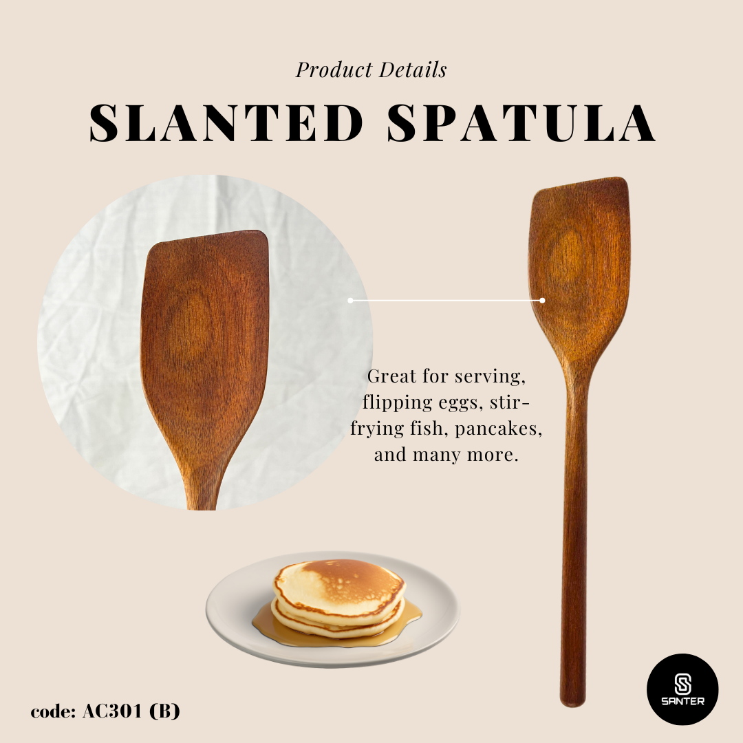 AC301. Acacia Wood Wooden Kitchen Utensils / Noodle Spatula / Slanted Spatula / Angled Spatula / Long Cooking Spoon