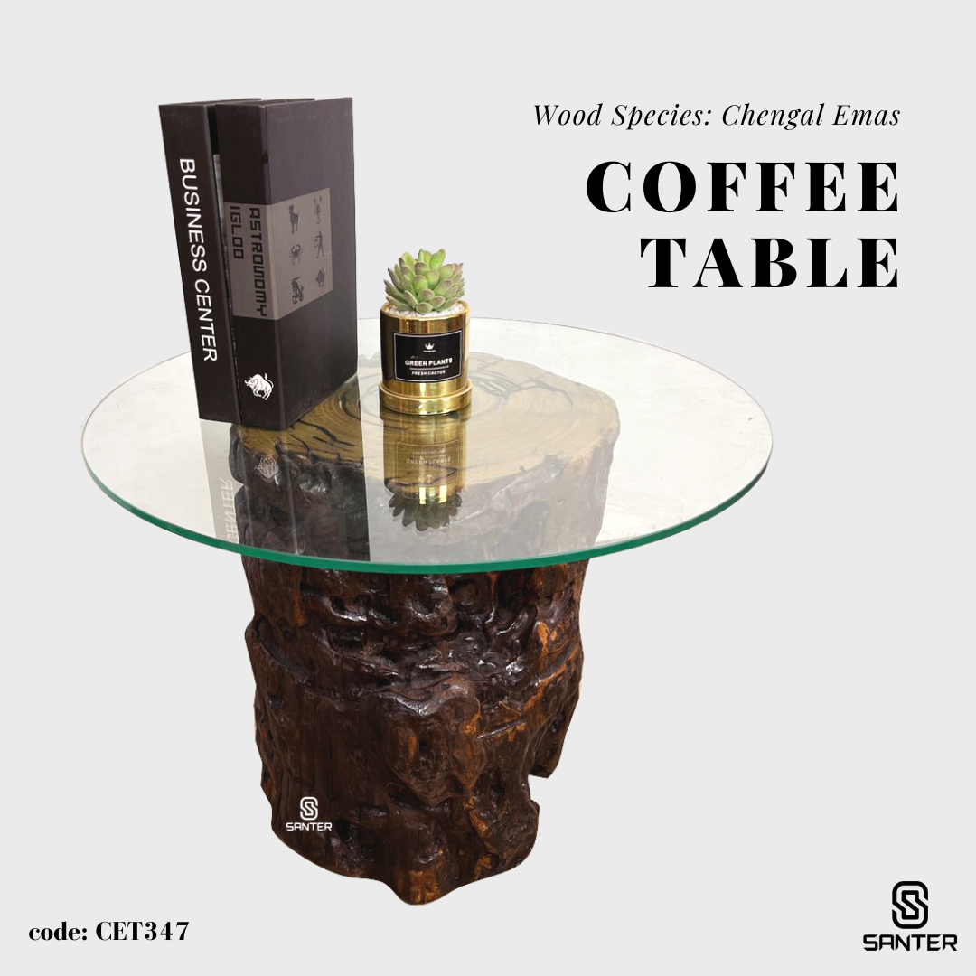 CET347. Chengal Emas Solid Wood Coffee Table (with Tempered Glass)