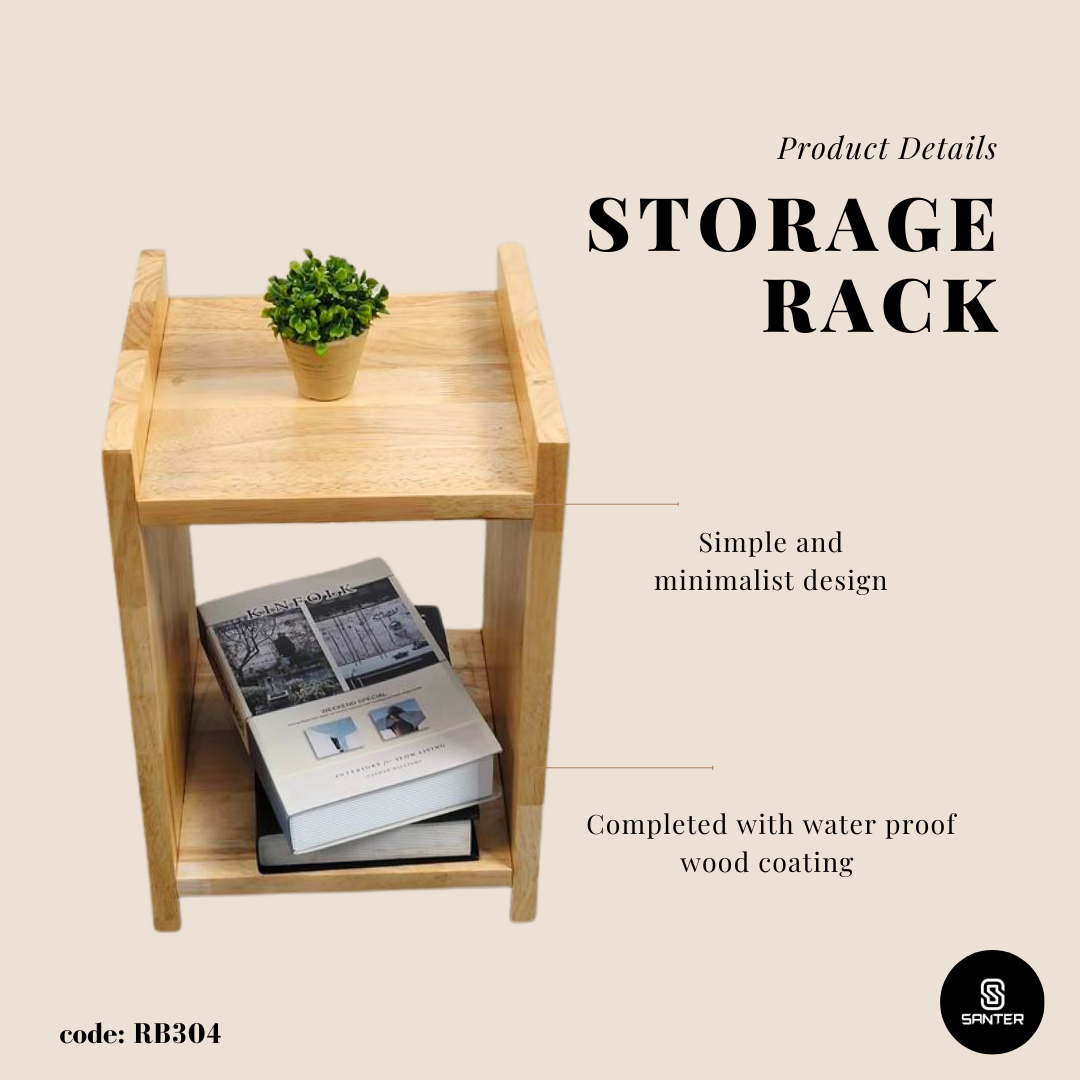 RB304. Solid Rubber Wood Side Table/ Bedside Table/ Storage Shelf/ Book Shelf/ Plant Pot Rack/ Side Table with Shelf