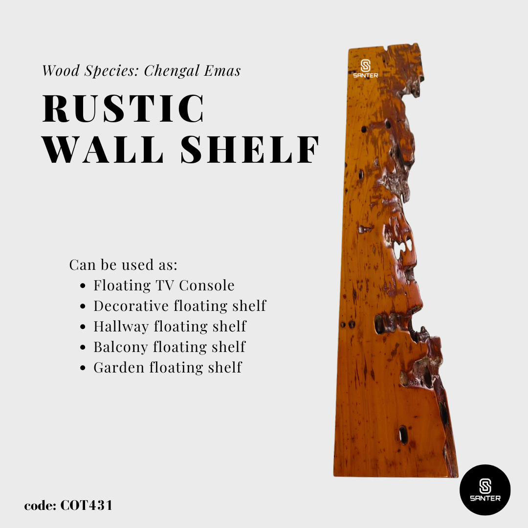 COT431. Chengal Emas Solid Wood Rustic Live Edge Floating Wall Shelf / Hanging Wall Shelf