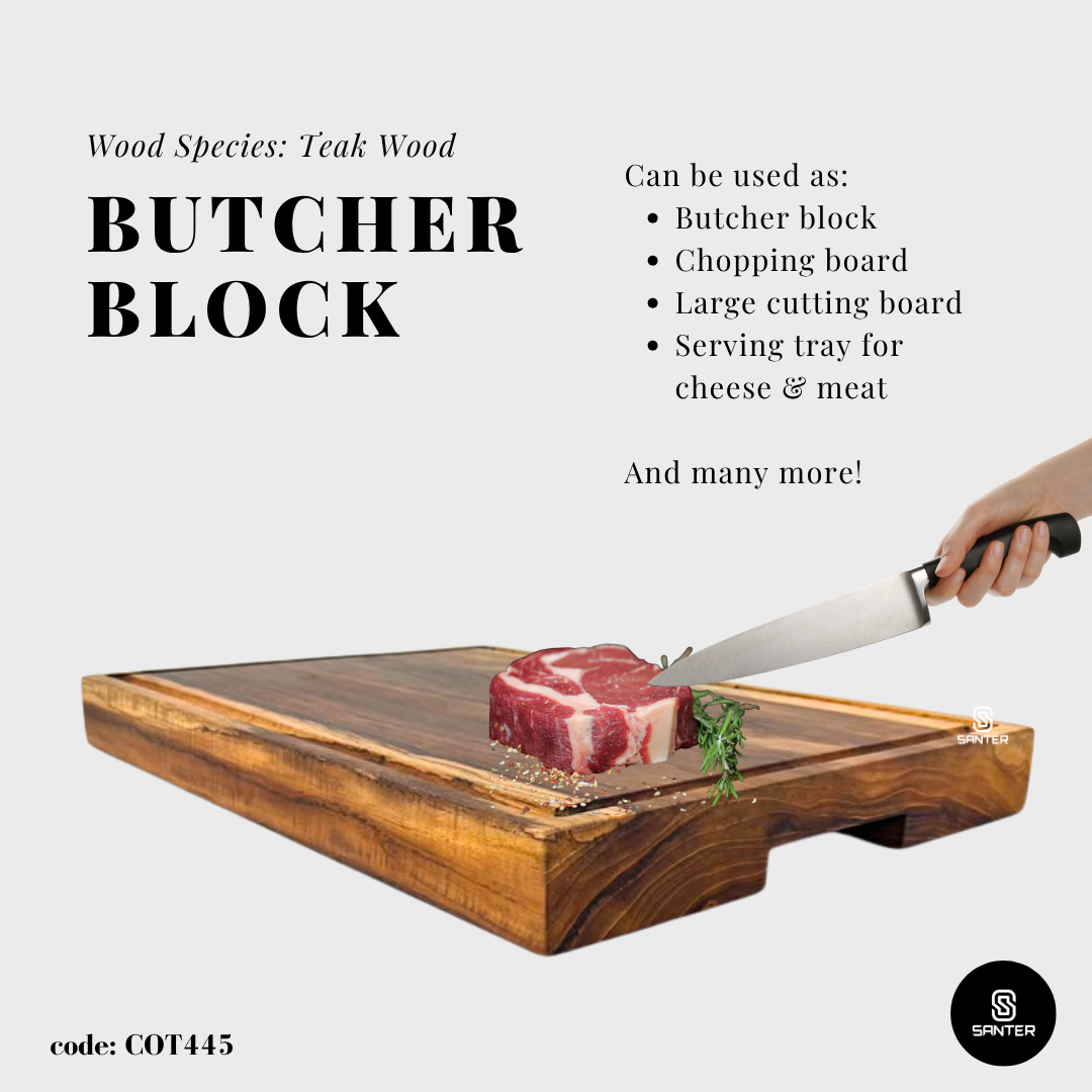 COT445. Teak Wood Butcher Block/ Large Chopping Board/ Serving Tray/ Cutting Board/ Hardwood Chopping Board