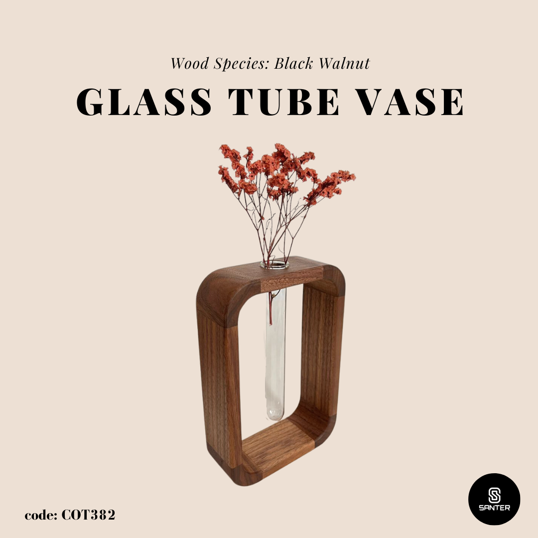 COT382. Black Walnut Solid Wood with Glass Test Tube Vase