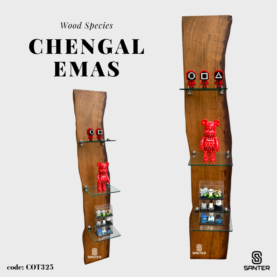 COT325. Chengal Emas Solid Wood Hanging Glass Wall Shelf