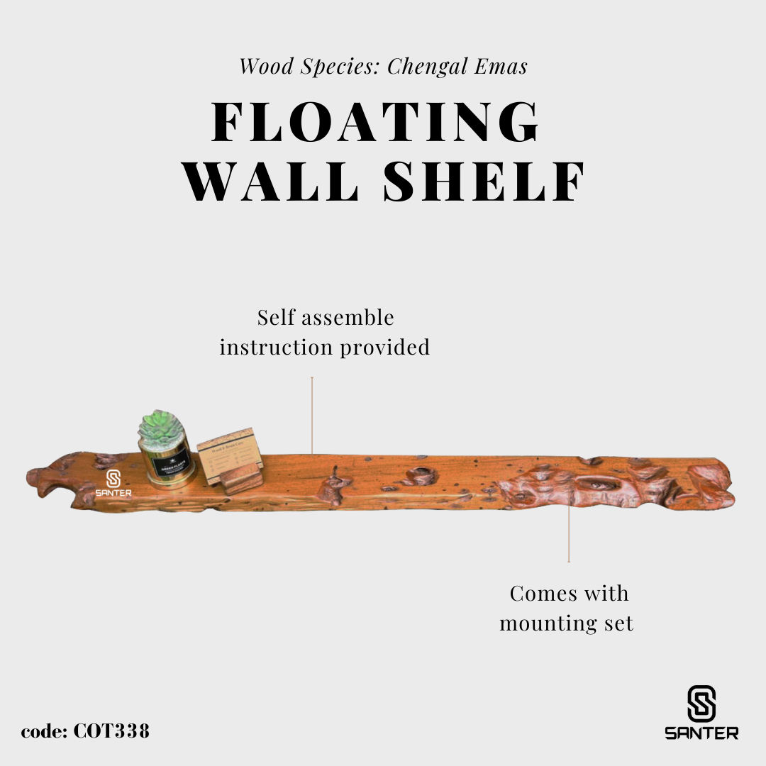 COT338. Chengal Emas Solid Wood Live Edge Floating Wall Shelf