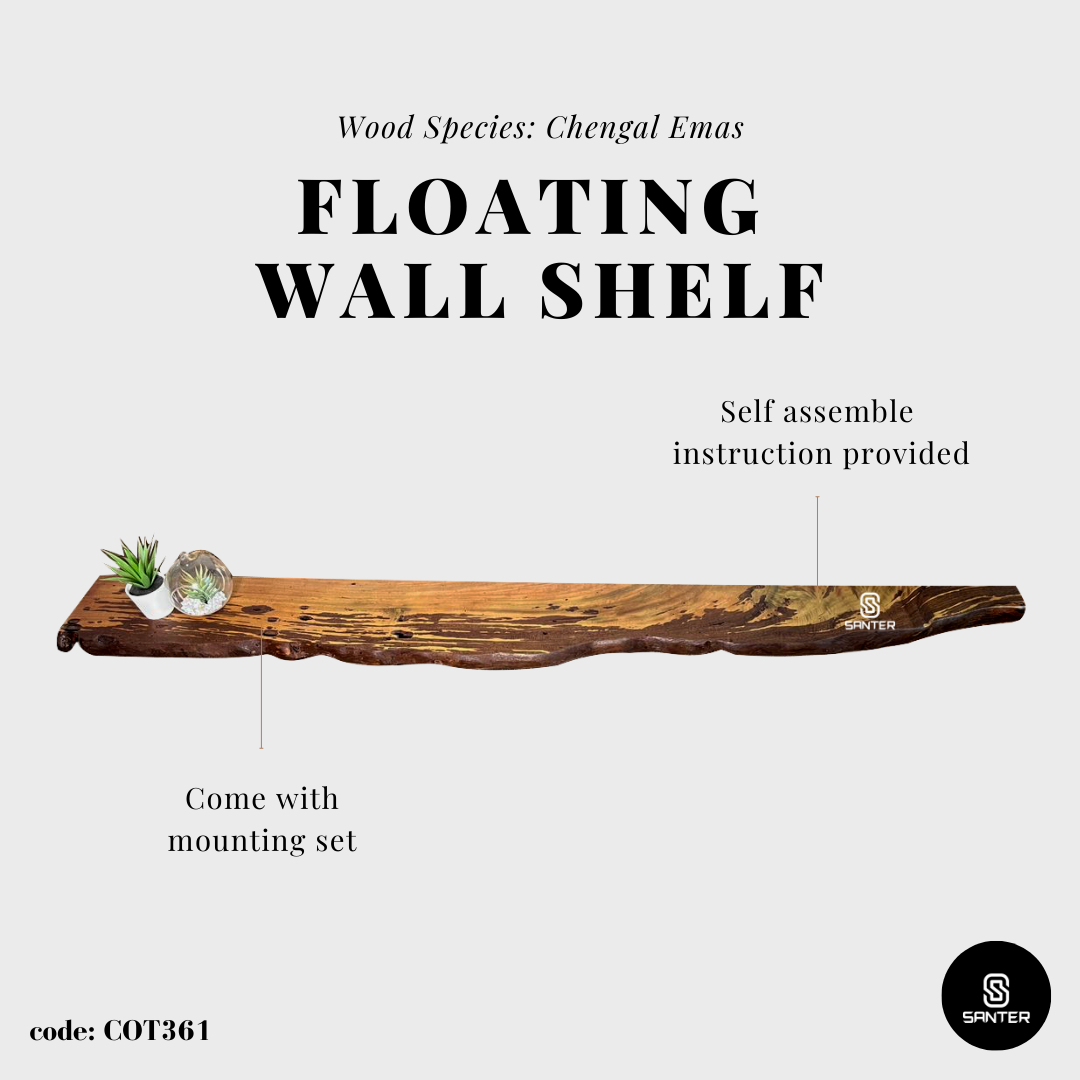 COT361. Chengal Emas Solid Wood Live Edge Floating Wall Shelf