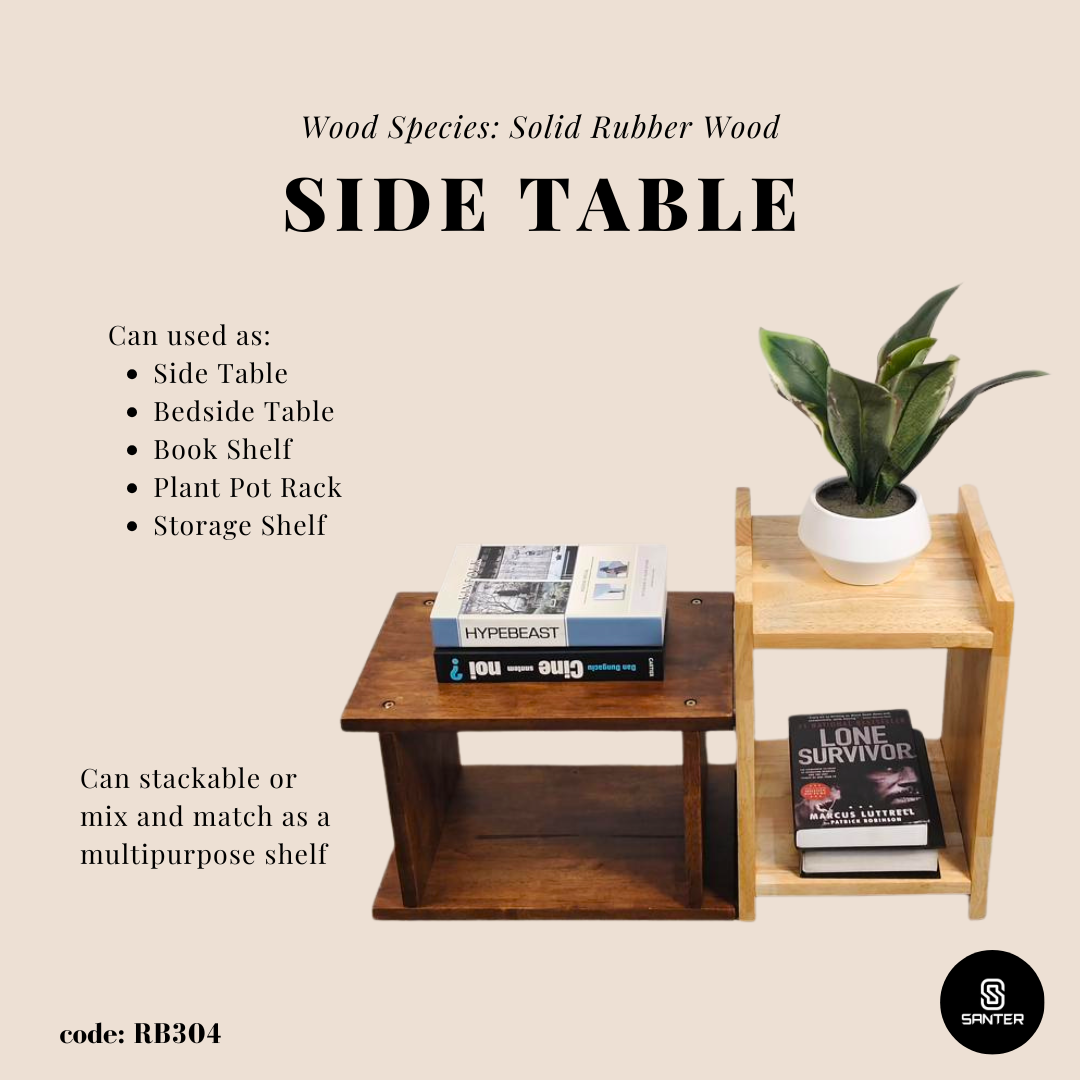 RB304. Solid Rubber Wood Side Table/ Bedside Table/ Storage Shelf/ Book Shelf/ Plant Pot Rack/ Side Table with Shelf