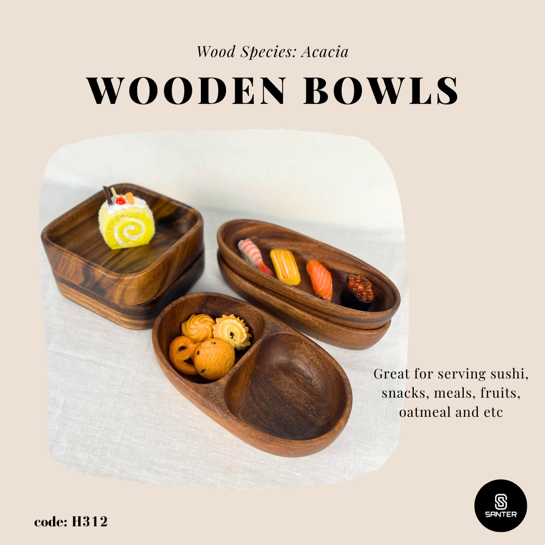 H312. Acacia Wood Compartment Bowl/ Snacks Bowl/ Wooden Bowl