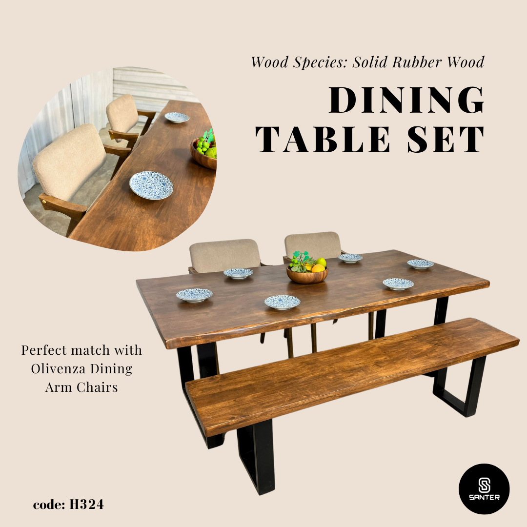H324. Solid Rubber Wood Dining Table / Dining Bench / Dining Table Set (6 seater)