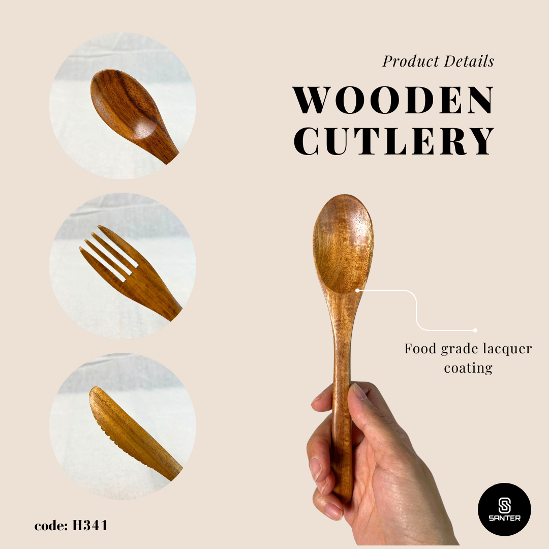 H341. Acacia Wood Cutlery Set / Wooden Spoon / Wooden Fork / Wooden Knife / Wooden Cutlery