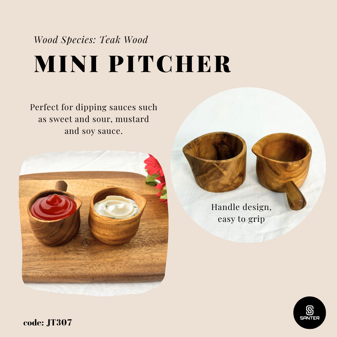 JT307. Teak Wood Wooden Pitcher / Milk Pitcher / Creamer Cup / Pitcher Pourer / Milk Cream Cup / Saucer Jug