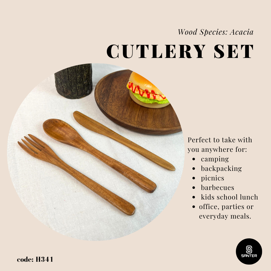 H341. Acacia Wood Cutlery Set / Wooden Spoon / Wooden Fork / Wooden Knife / Wooden Cutlery