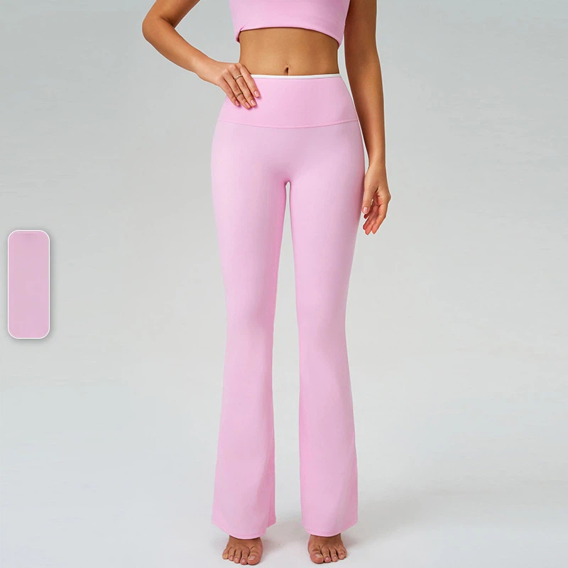 撞色高腰速幹跑步健身微喇褲