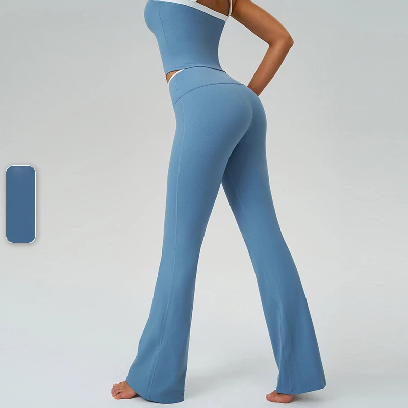 撞色高腰速幹跑步健身微喇褲