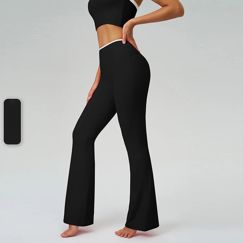 撞色高腰速幹跑步健身微喇褲