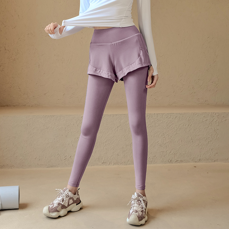 假兩件速乾高腰提臀彈力瑜伽緊身長褲