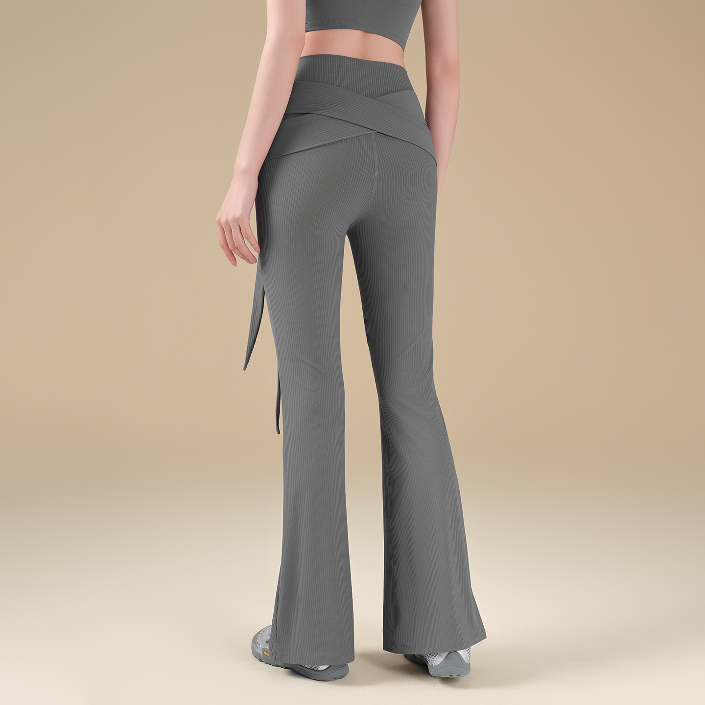 新款高彈螺紋微喇褲個性綁帶普拉提健身褲