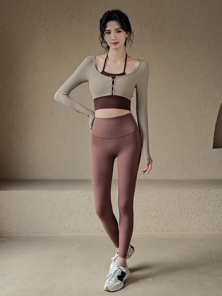 帶胸墊假兩件瑜伽長袖t恤