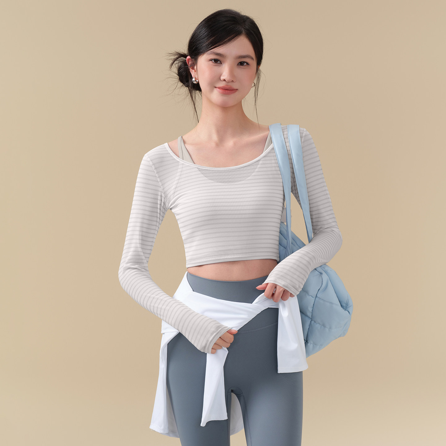 假兩件網紗透氣跑步訓練運動長袖