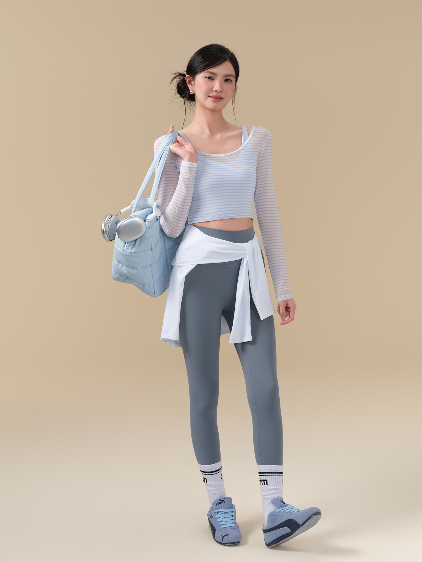 假兩件網紗透氣跑步訓練運動長袖