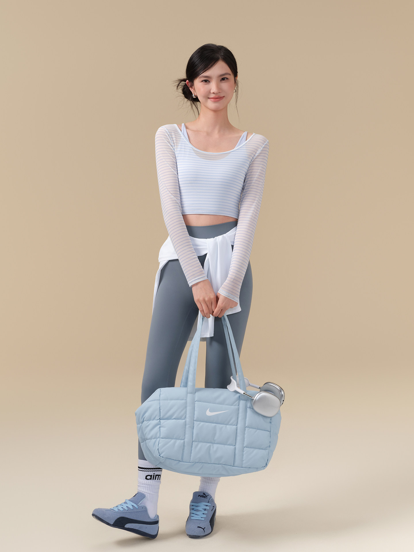 假兩件網紗透氣跑步訓練運動長袖