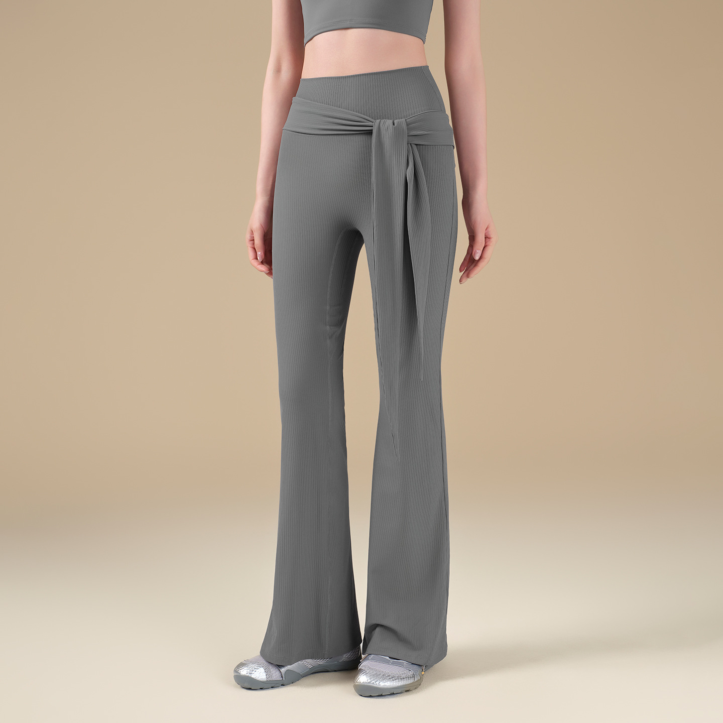 新款高彈螺紋微喇褲個性綁帶普拉提健身褲