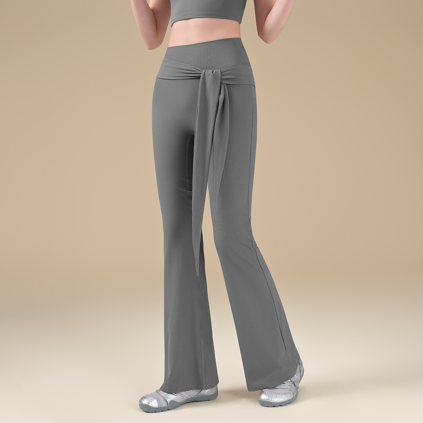 新款高彈螺紋微喇褲個性綁帶普拉提健身褲