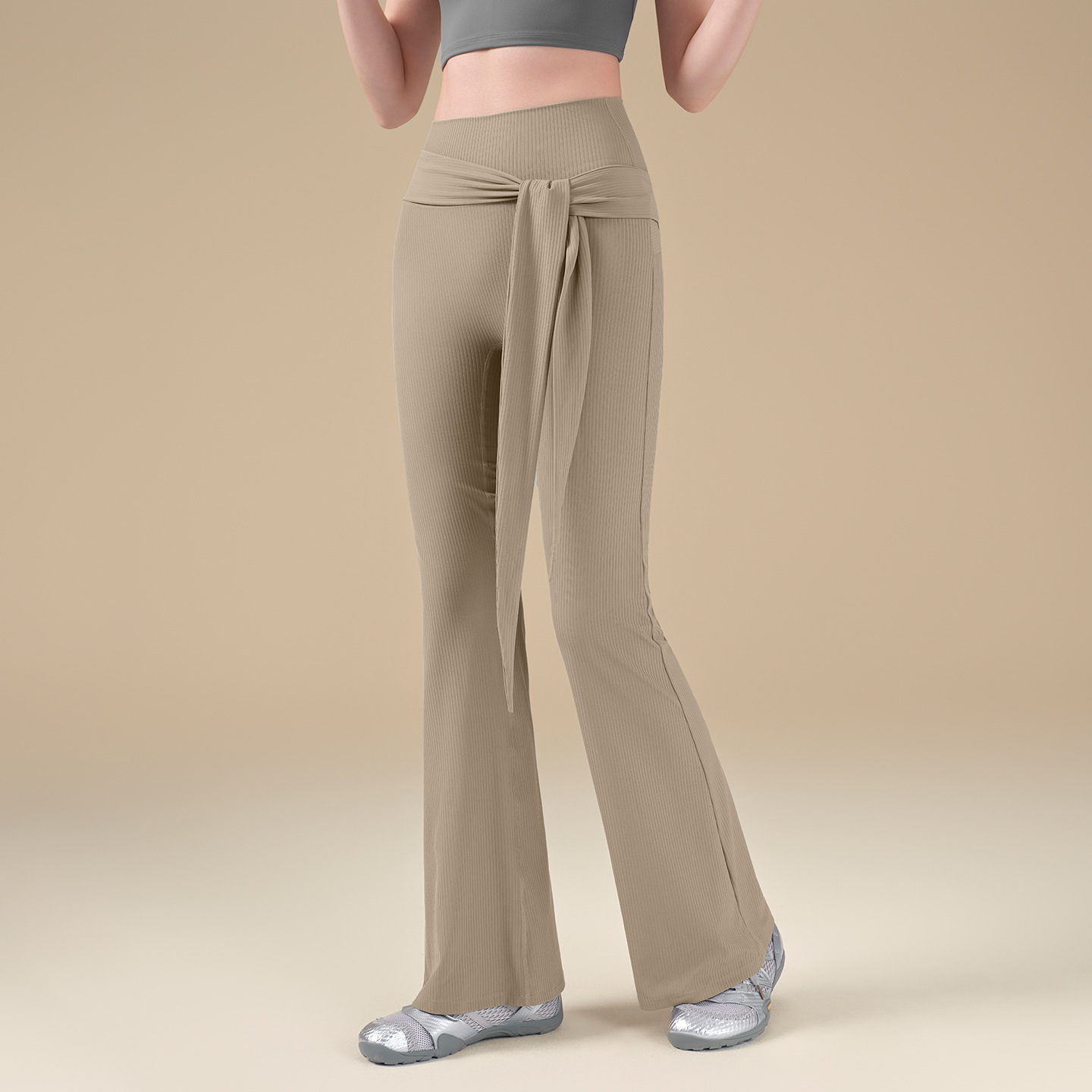 新款高彈螺紋微喇褲個性綁帶普拉提健身褲